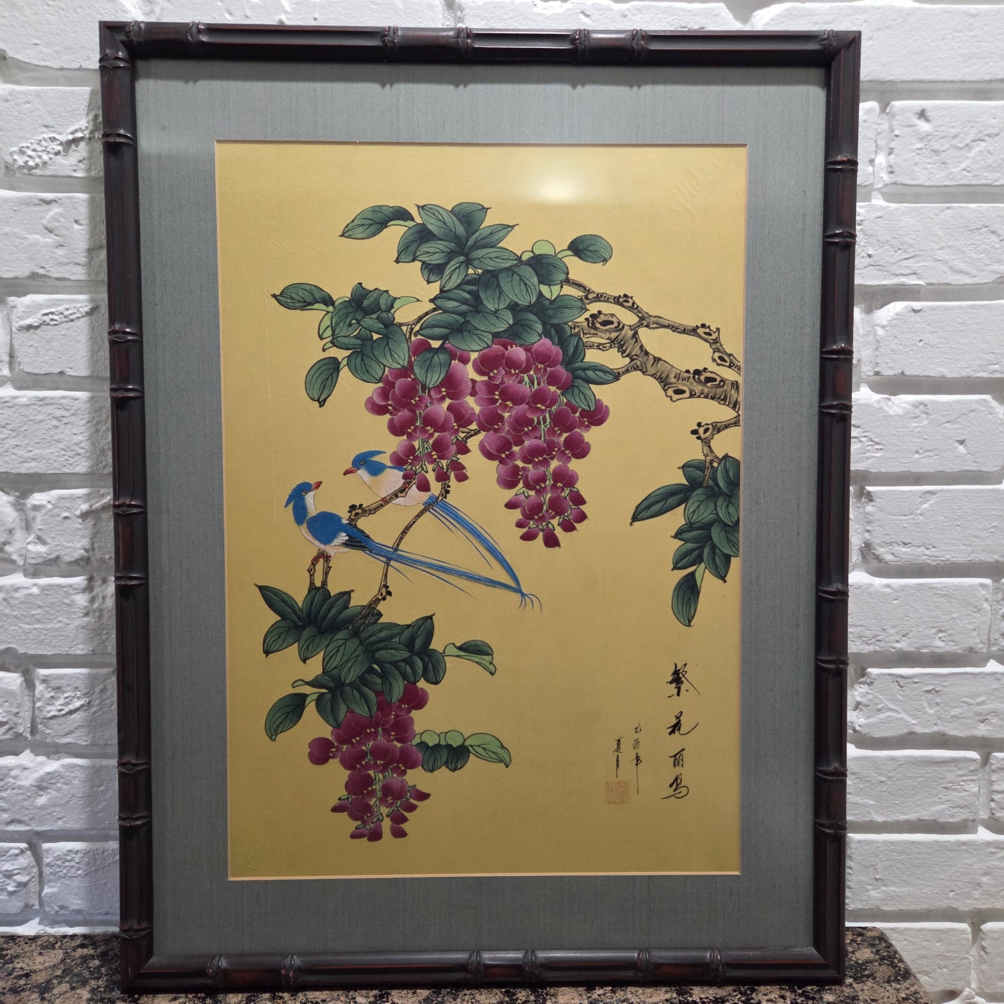 Japanese Original Painting On Silk Signed Long Tail Blue Birds Blooming Wisteria