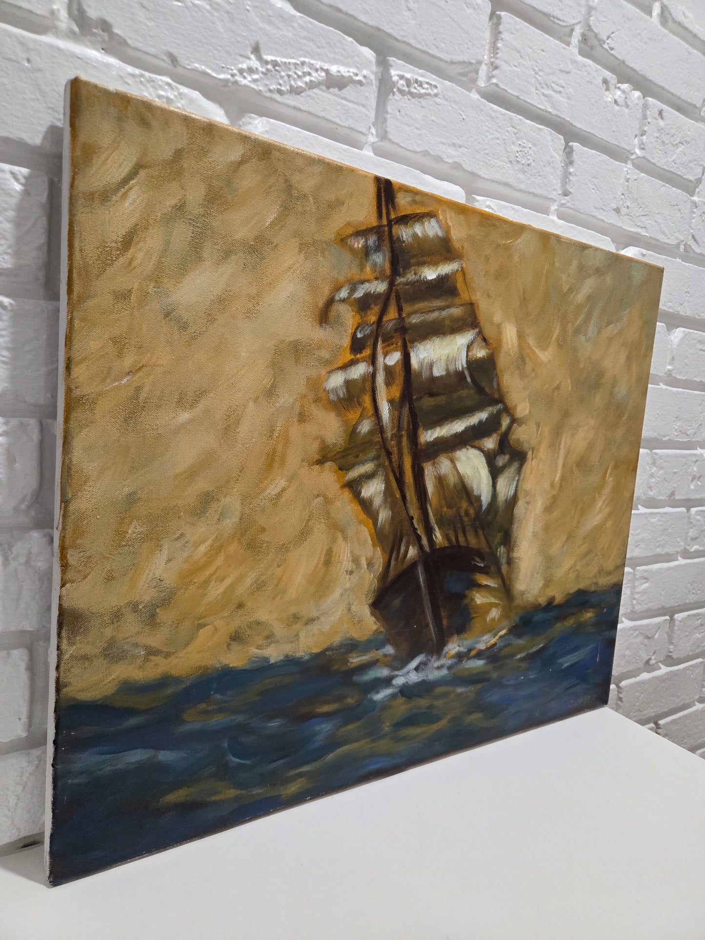 Sailing Ship Original Painting On Canvas Signed Nautical Seascape Ocean Wall Art