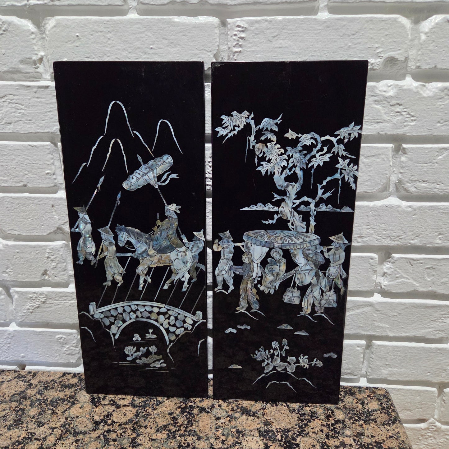 Asian Inlayed Mother Of Pearl On Black Laquer Wood Panel Horse Wall Decor 2p Set
