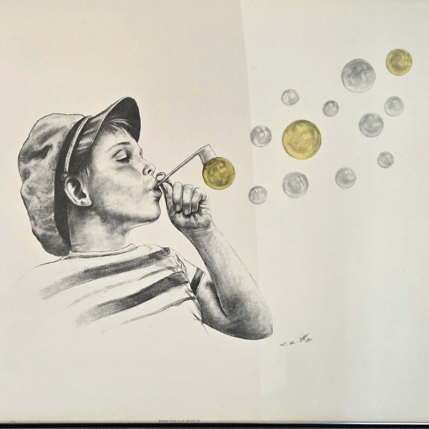Original Wolfgang M Otto Pencil Drawing Signed Boy Blowing Bubble Artwork Framed