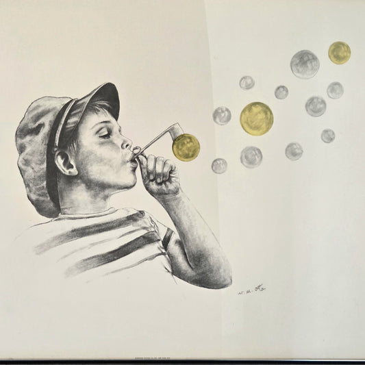 Original Wolfgang M Otto Pencil Drawing Signed Boy Blowing Bubble Artwork Framed