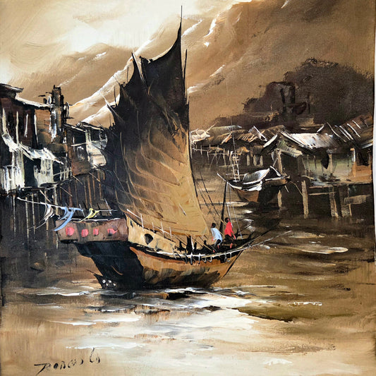Original Asian Sail Boat Ship Harbor Painting Seascape Canvas Art Maritime Decor