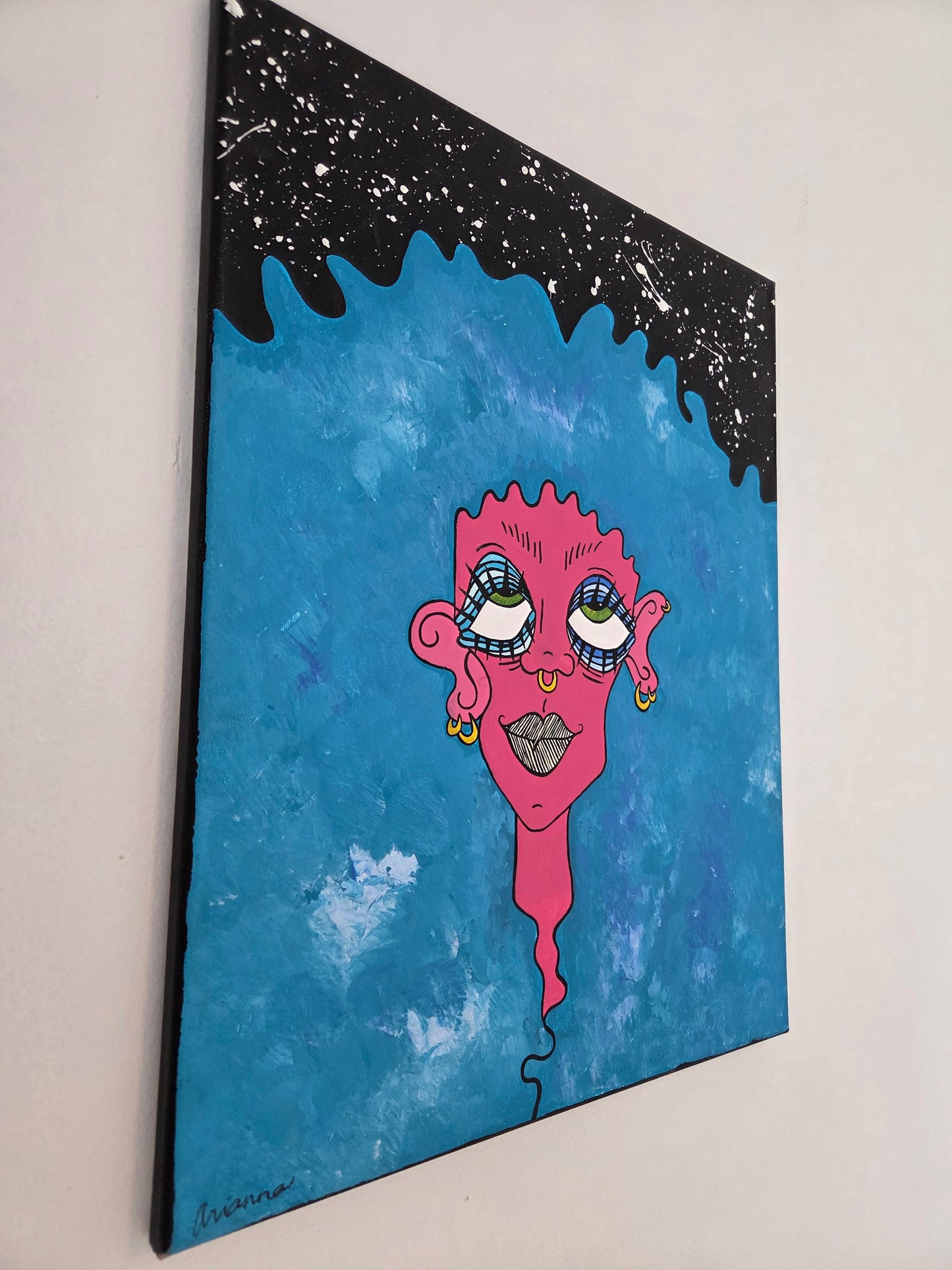 Original Hand-painted Vibrant Pop Art Blue Hair Pink Face girl on canvas Artwork