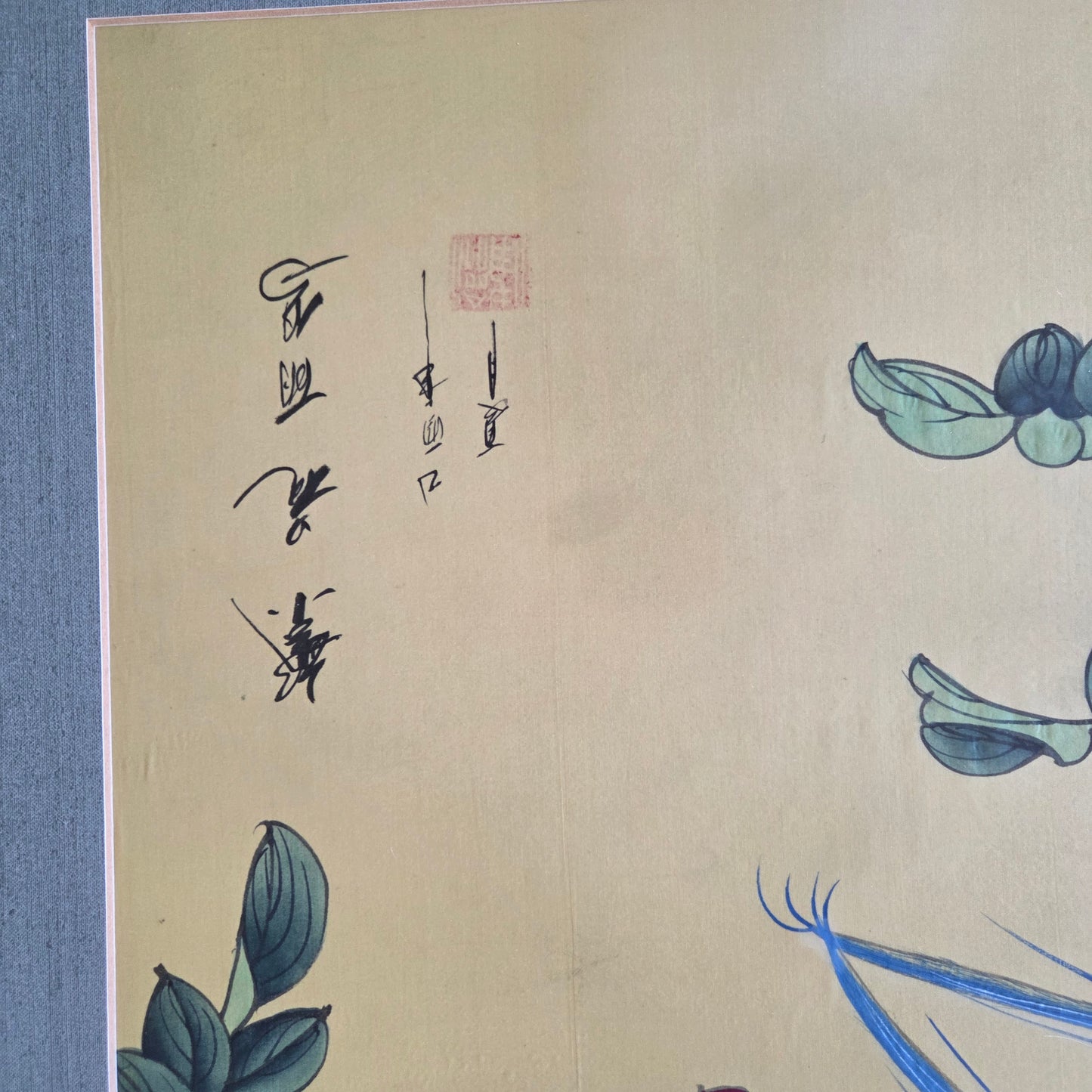 Japanese Original Painting On Silk Signed Long Tail Blue Birds Blooming Wisteria