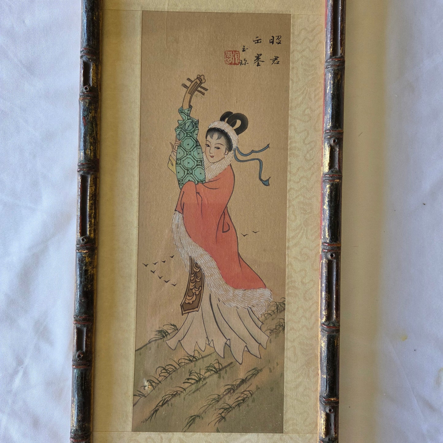 Japanese Art Geisha Girl Color Painting On Silk Signed Original Oriental Tapestry