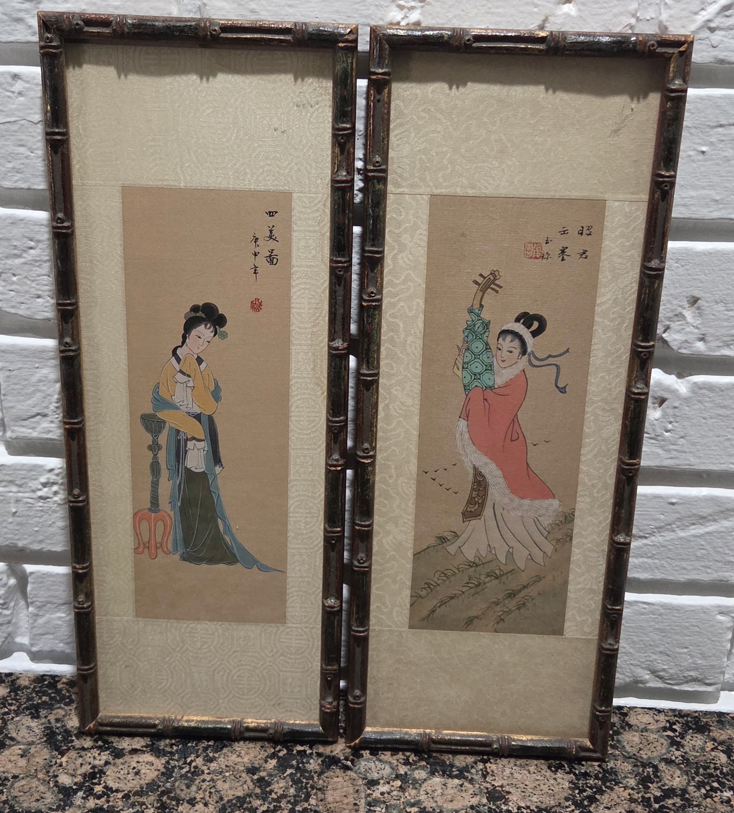Japanese Art Geisha Girl Color Painting On Silk Signed Original Oriental Tapestry