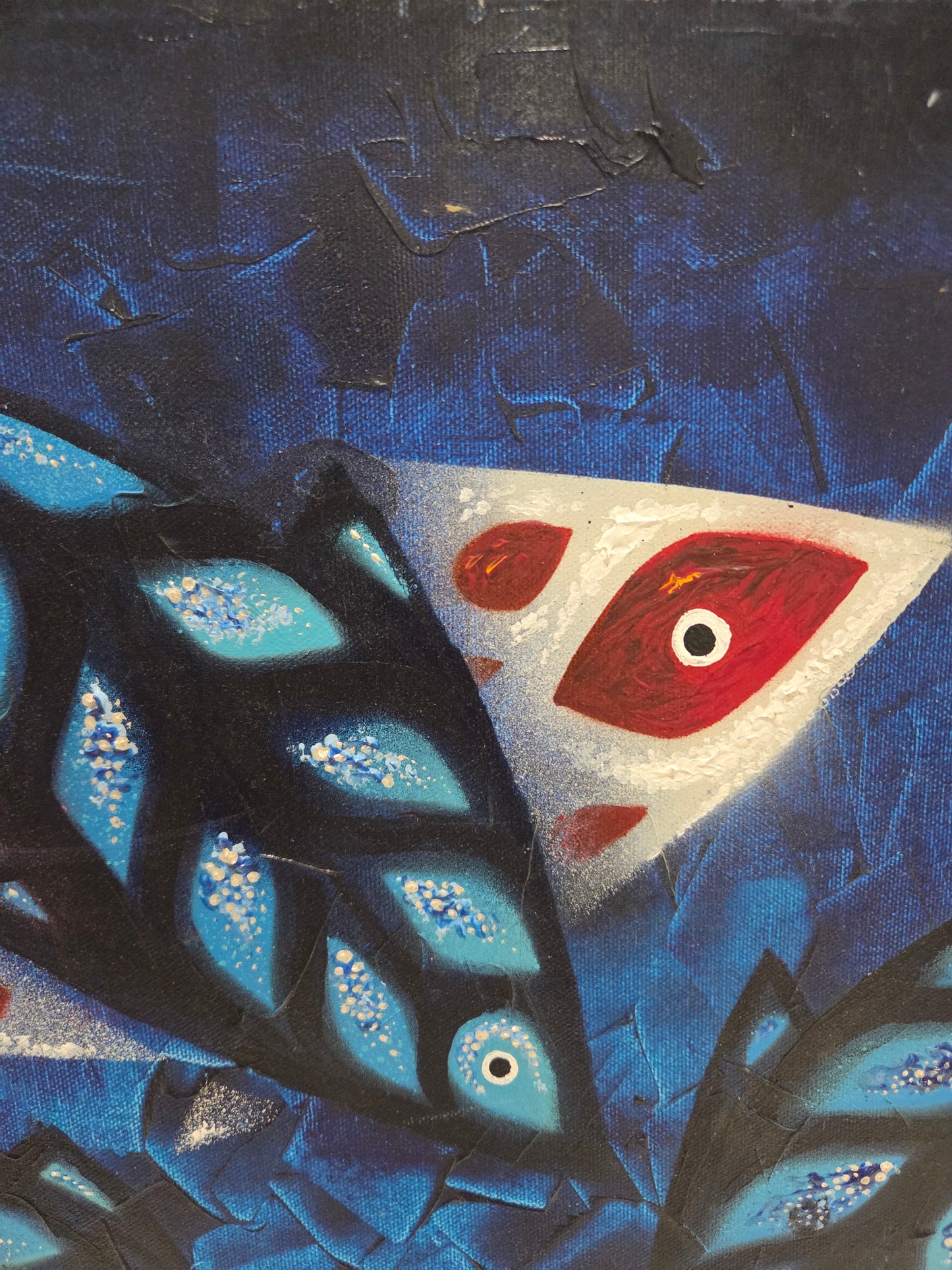 Original Painting Abstract Fish Blue Marine Ocean Mid Century Modern Art Signed