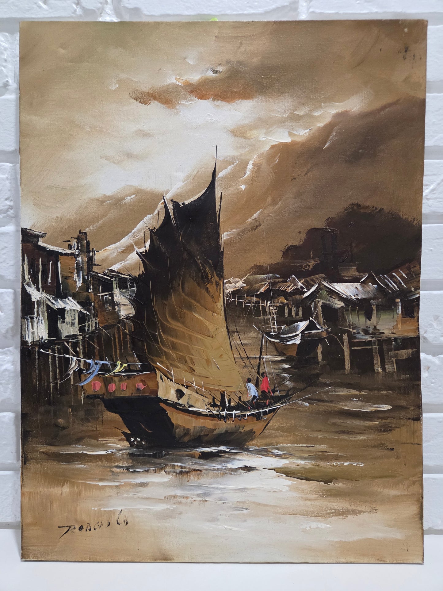 Asian Sailing Fishing Boat Ship Harbor Original Painting Canvas Signed Art Decor