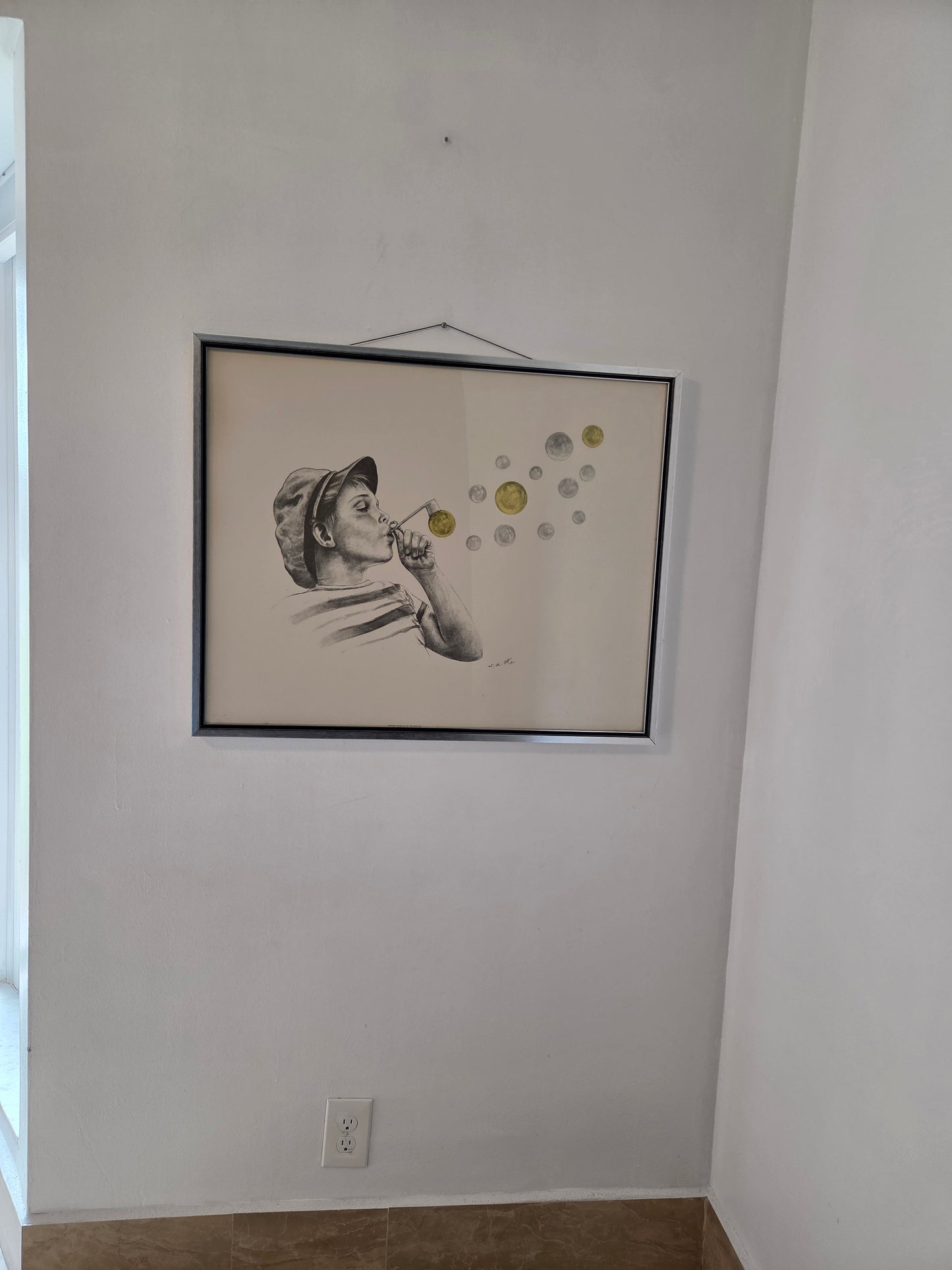 Original Wolfgang M Otto Pencil Drawing Signed Boy Blowing Bubble Artwork Framed