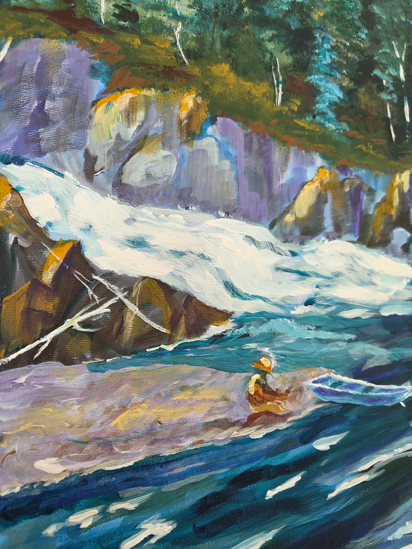 Original River Landscape Painting – Forest Waterfall Kayak Scene – Nature Acrylic Canvas Wall Art