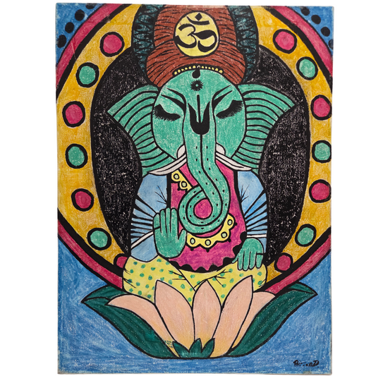 Hindu Ganesha Original Painting Elephant Lotus Meditation Spiritual Wall Artwork