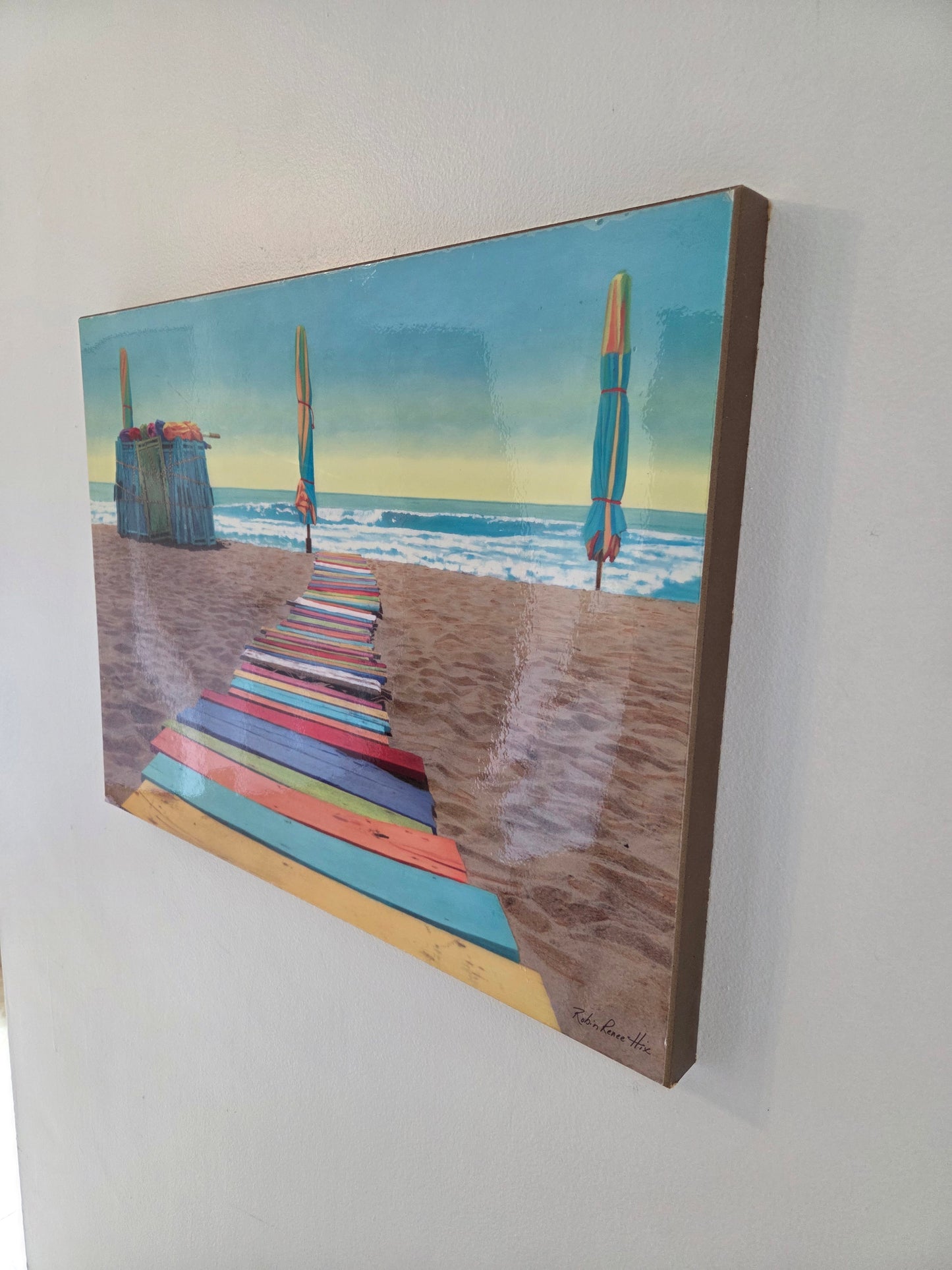Coastal Beach Color Boardwalk Ocean Print Poster Art on Wood Wall Decor 23x17.5