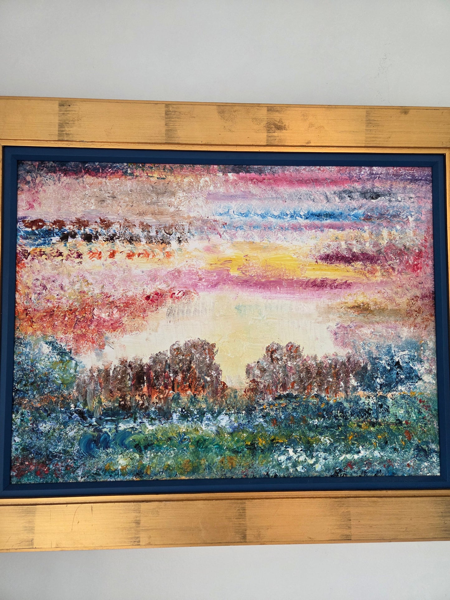 Original Abstract Landscape Oil Painting - Textured Sunset Wall Art - Vibrant Pink and Blue Impressionist Decor - Framed Impasto Nature Art