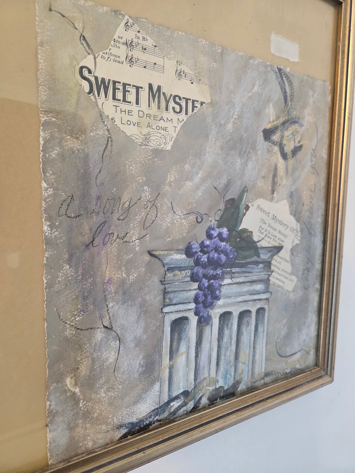Original Abstract Collage Mixed Media Painting Vino Grapes Music Sheet Wall Art