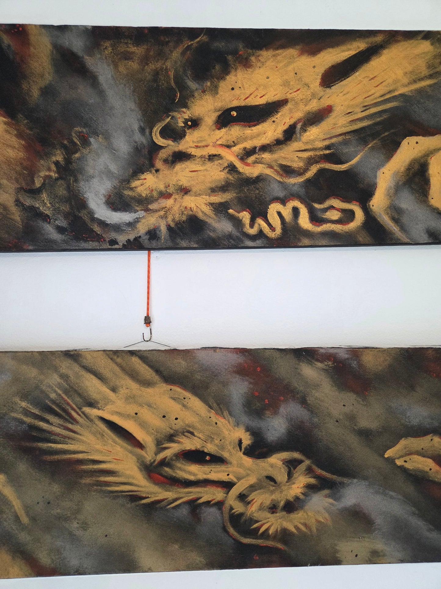 Original Spray Paint Art Gold Dragons Metallic Smoking 2-Piece Set Canvas Signed