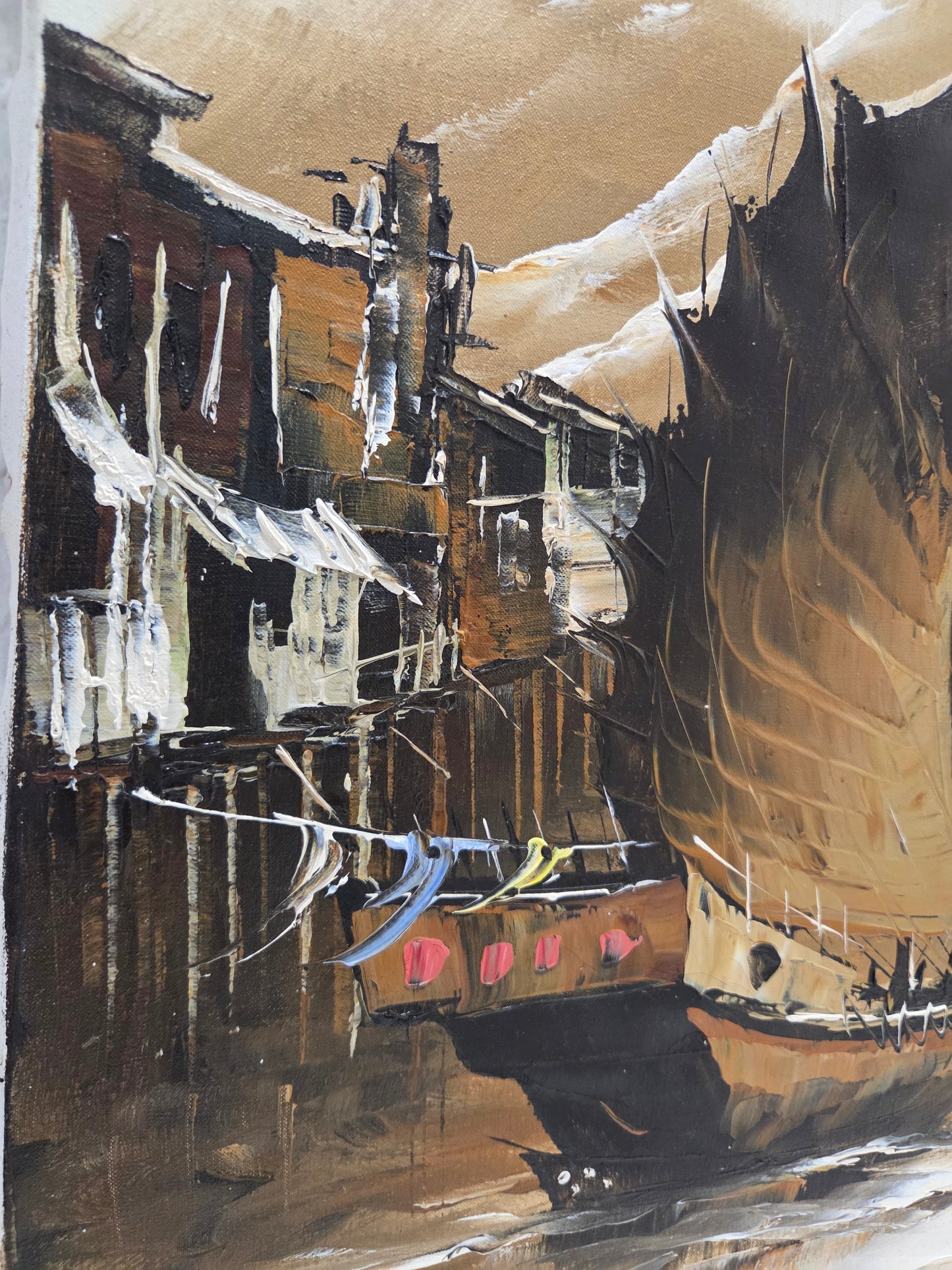 Asian Sailing Fishing Boat Ship Harbor Original Painting Canvas Signed Art Decor