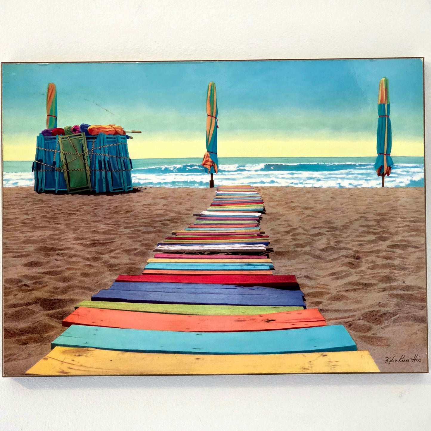 Coastal Beach Color Boardwalk Ocean Print Poster Art on Wood Wall Decor 23x17.5