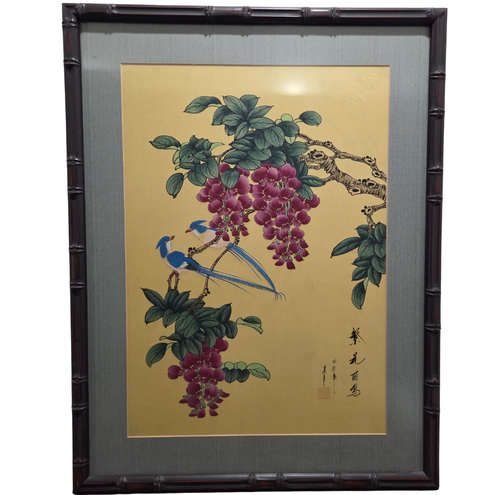 Asian Watercolor Painting On Silk Signed Long Tail Blue Birds Blooming Wisteria