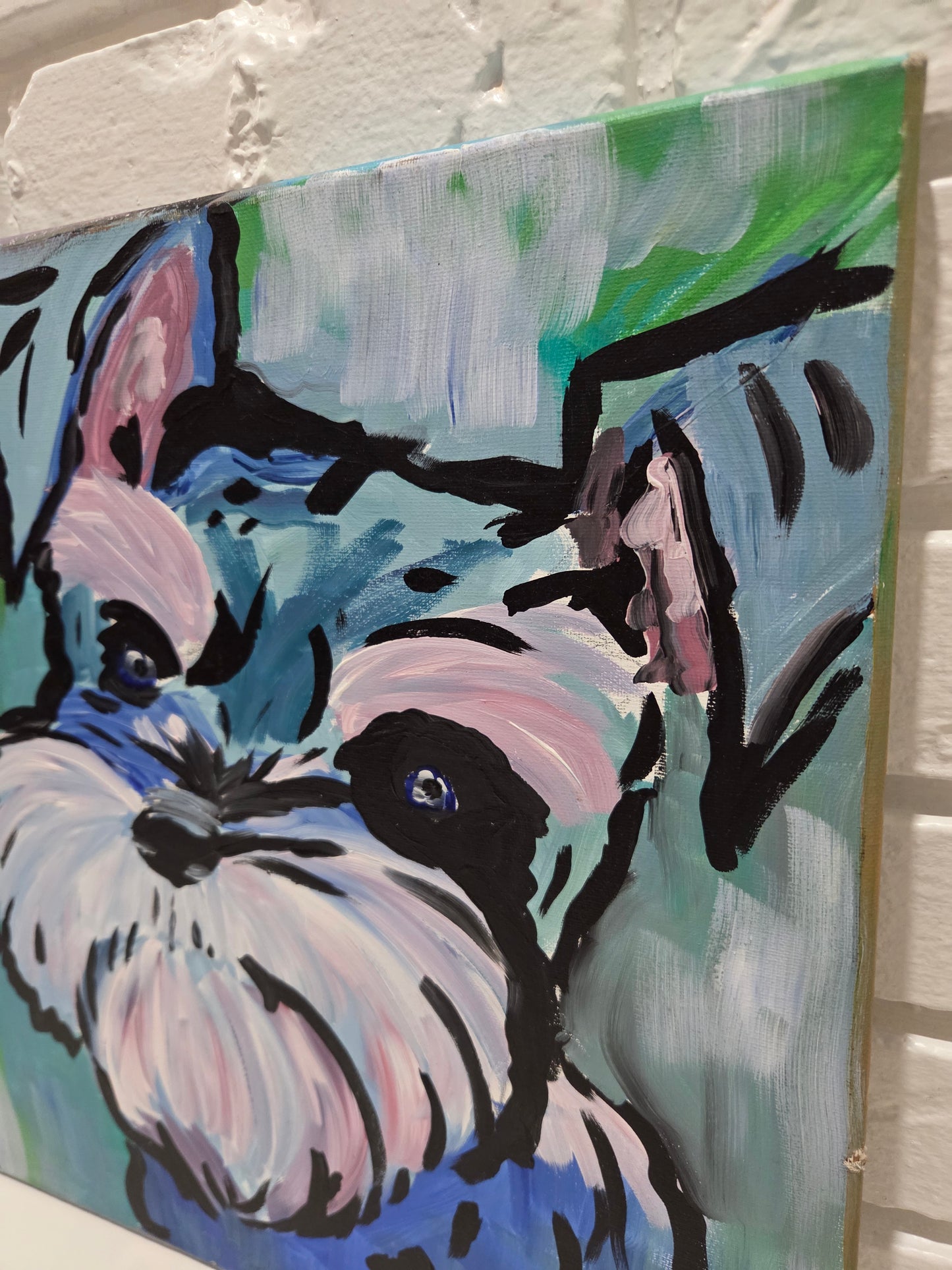Original Schnauzer Dog Pop Art Painting On Canvas Signed Pet Portrait Home Decor