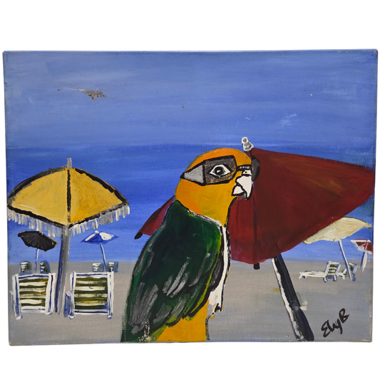Original Tropical Parrot Bird Beach Island Painting On Canvas Signed Artwork Art