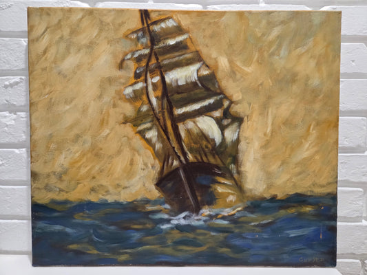 Sailing Ship Original Painting On Canvas Signed Nautical Seascape Ocean Wall Art