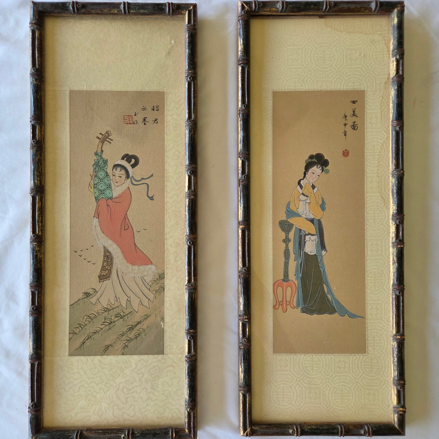 Japanese Art Geisha Girl Color Painting On Silk Signed Original Oriental Tapestry