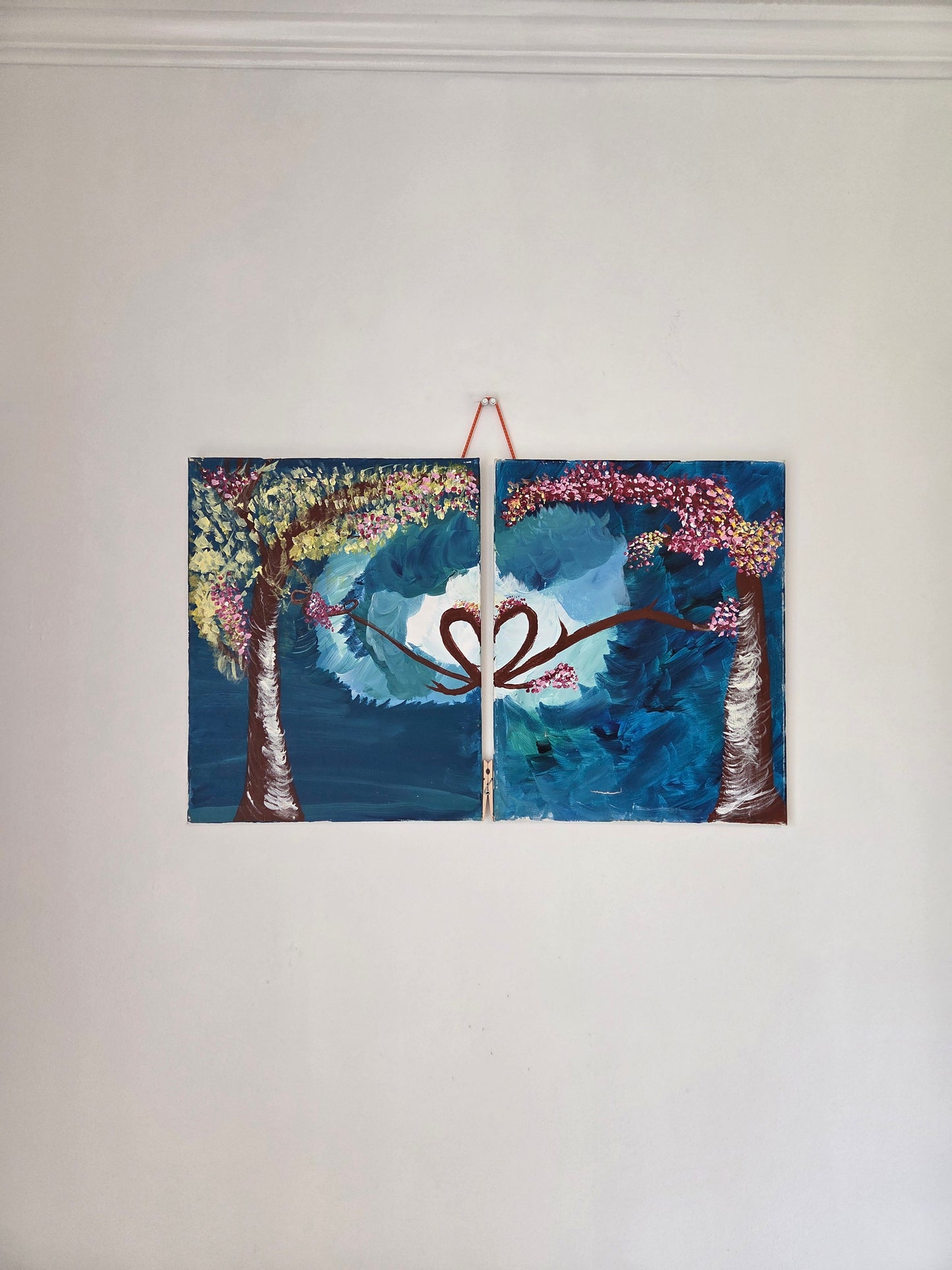 Original Diptych Tree Painting Heart Branches Romantic Cherry Blossom Canvas Art