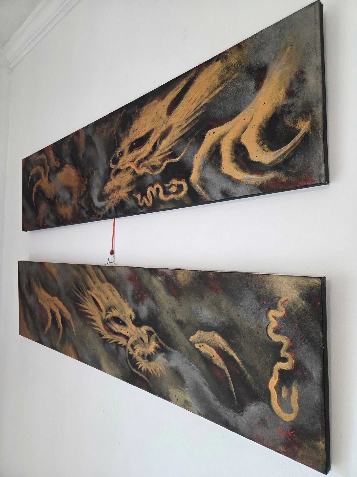 Original Spray Paint Art Gold Dragons Metallic Smoking 2-Piece Set Canvas Signed