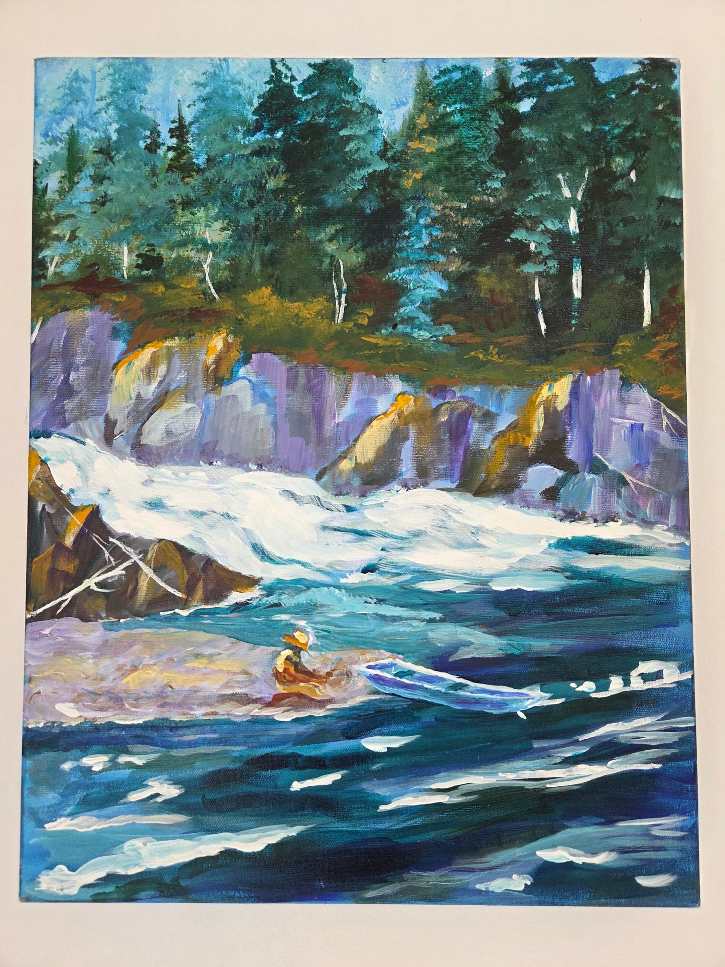 Original River Landscape Painting – Forest Waterfall Kayak Scene – Nature Acrylic Canvas Wall Art