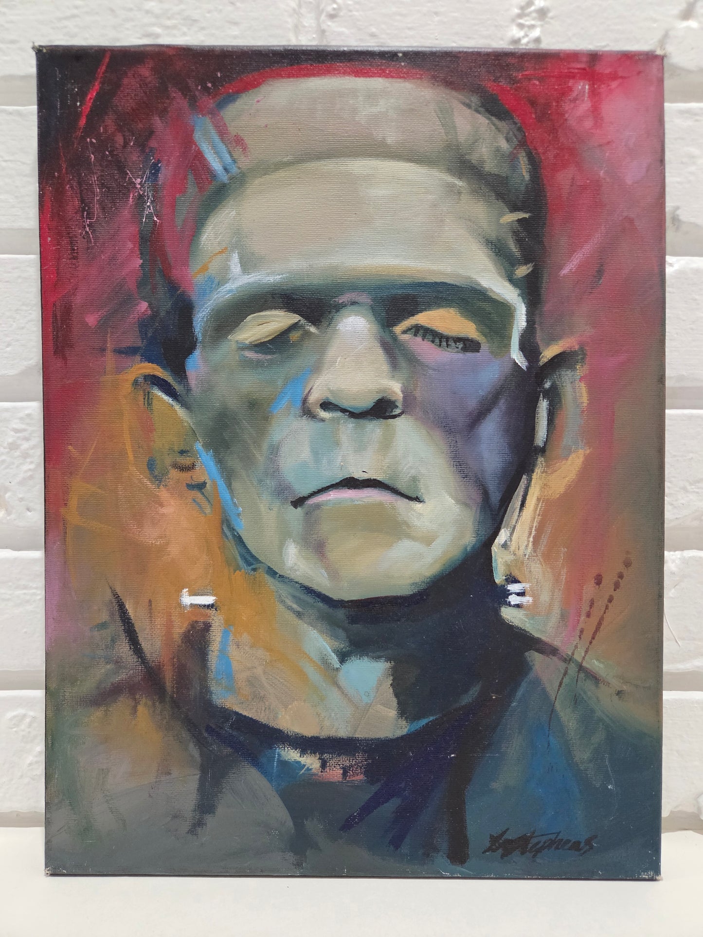 Frankenstein Monster Original Painting On Canvas Signed Horror Art Boris Karloff