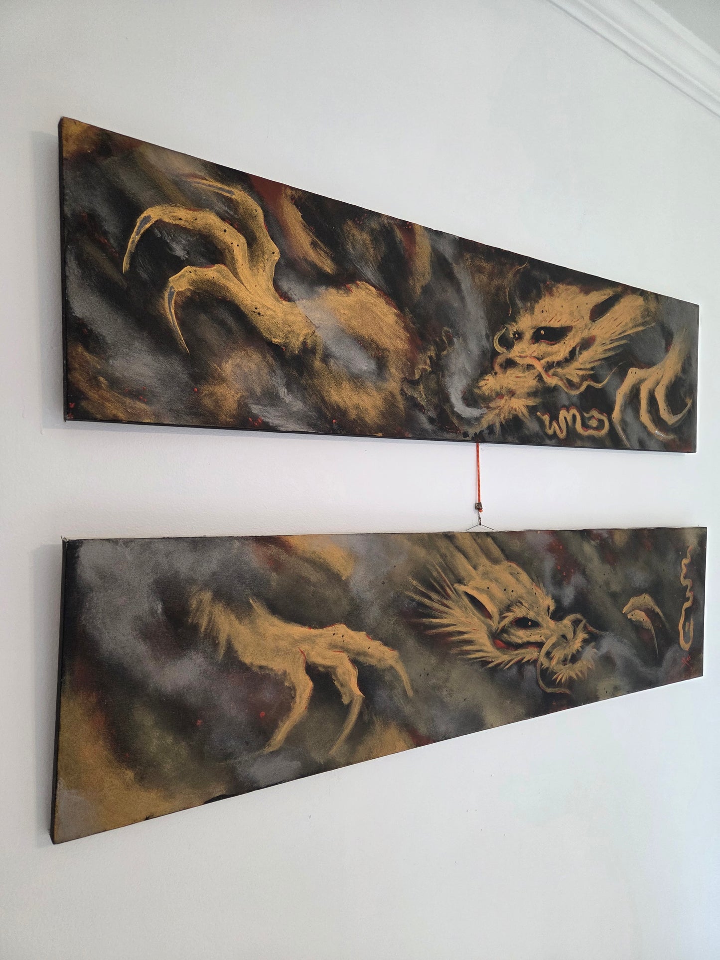 Original Spray Paint Art Gold Dragons Metallic Smoking 2-Piece Set Canvas Signed