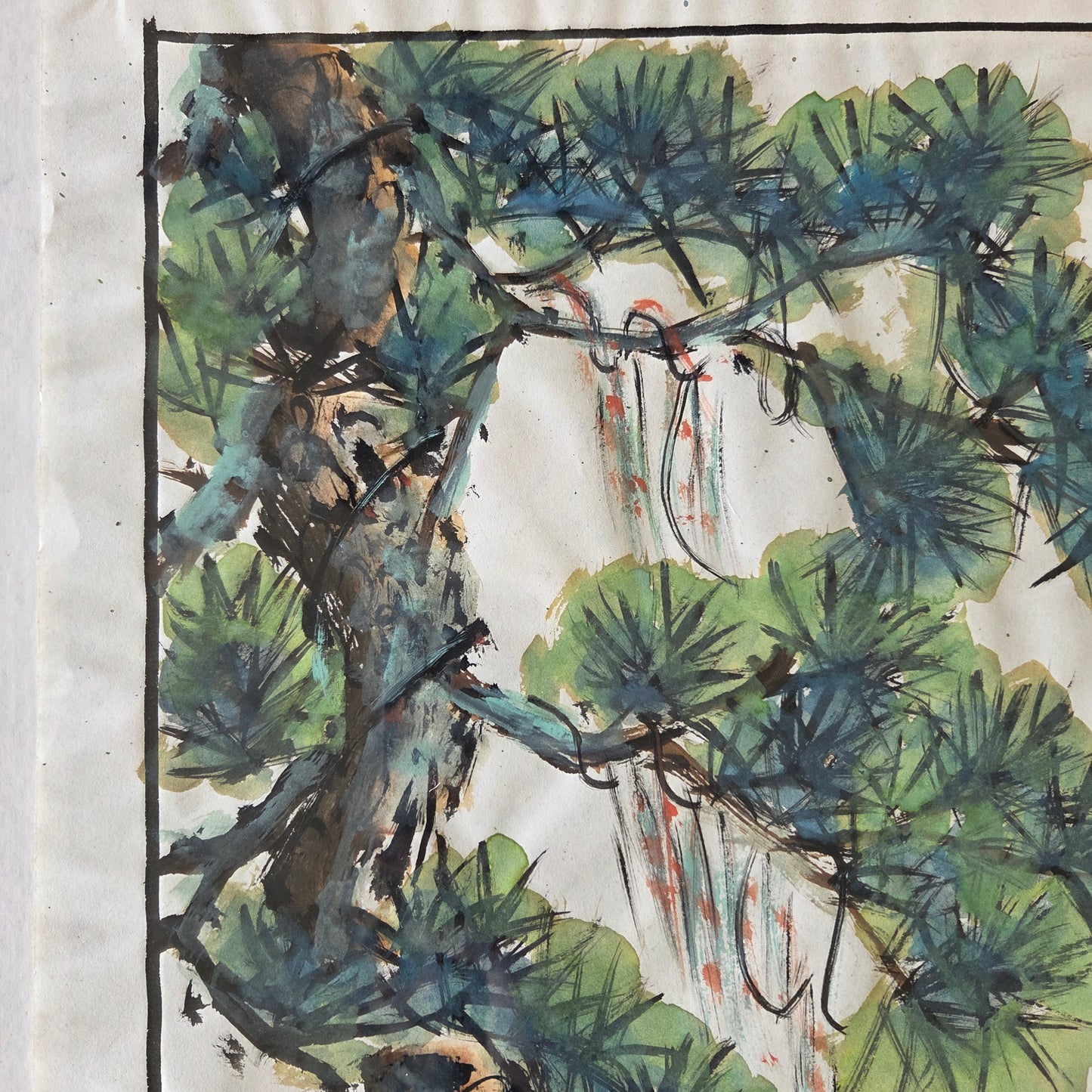 Original Japanese Painting Asian Pine Tree Watercolor Signed Sealed Art Artwork