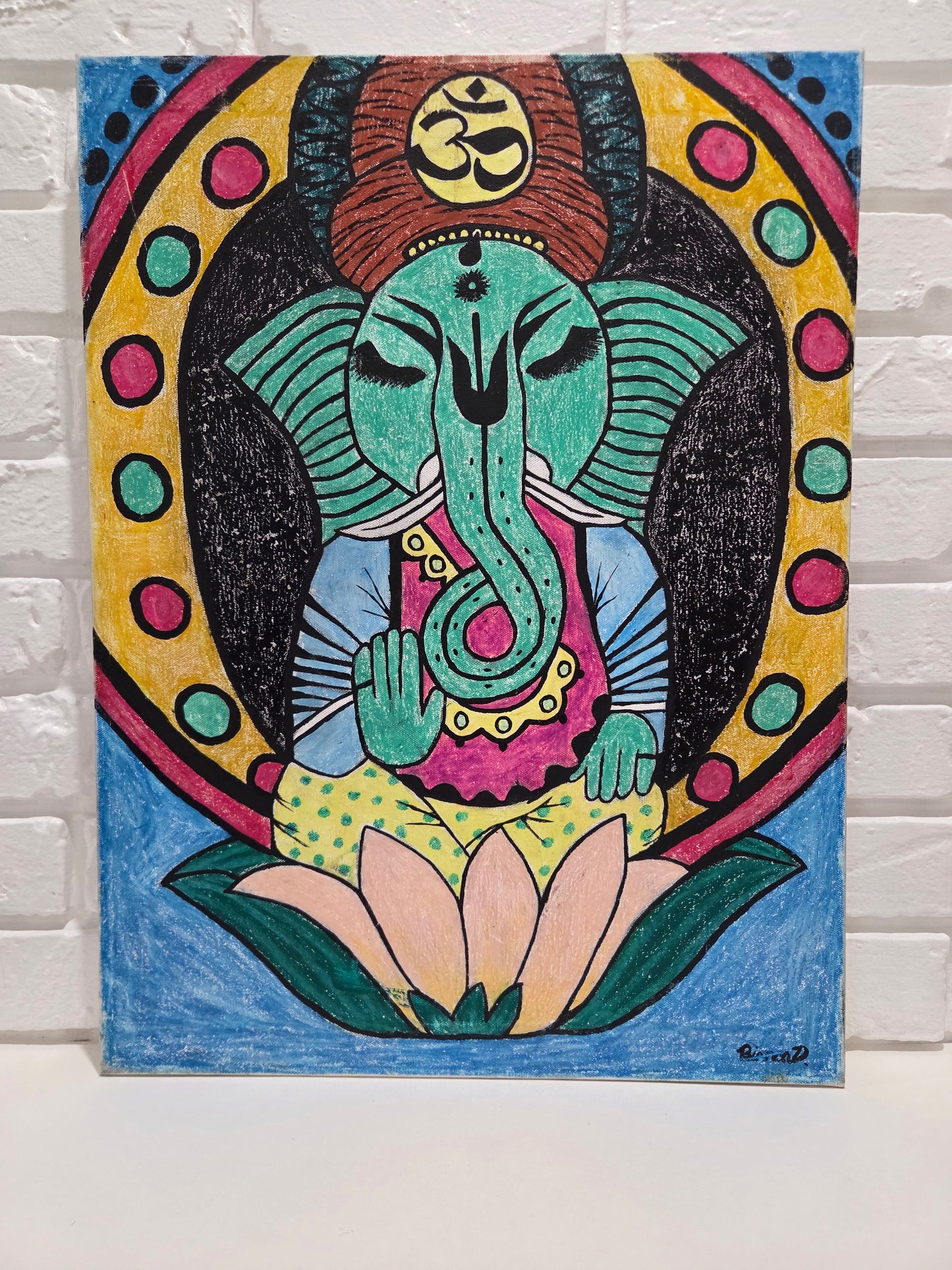 Hindu Ganesha Original Painting Elephant Lotus Meditation Spiritual Wall Artwork