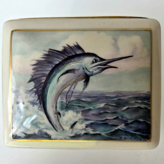 J.Boehm Porcelin Trinket Box Swordfish Sailfish Marlin Ocean Gold Trim Ceramic