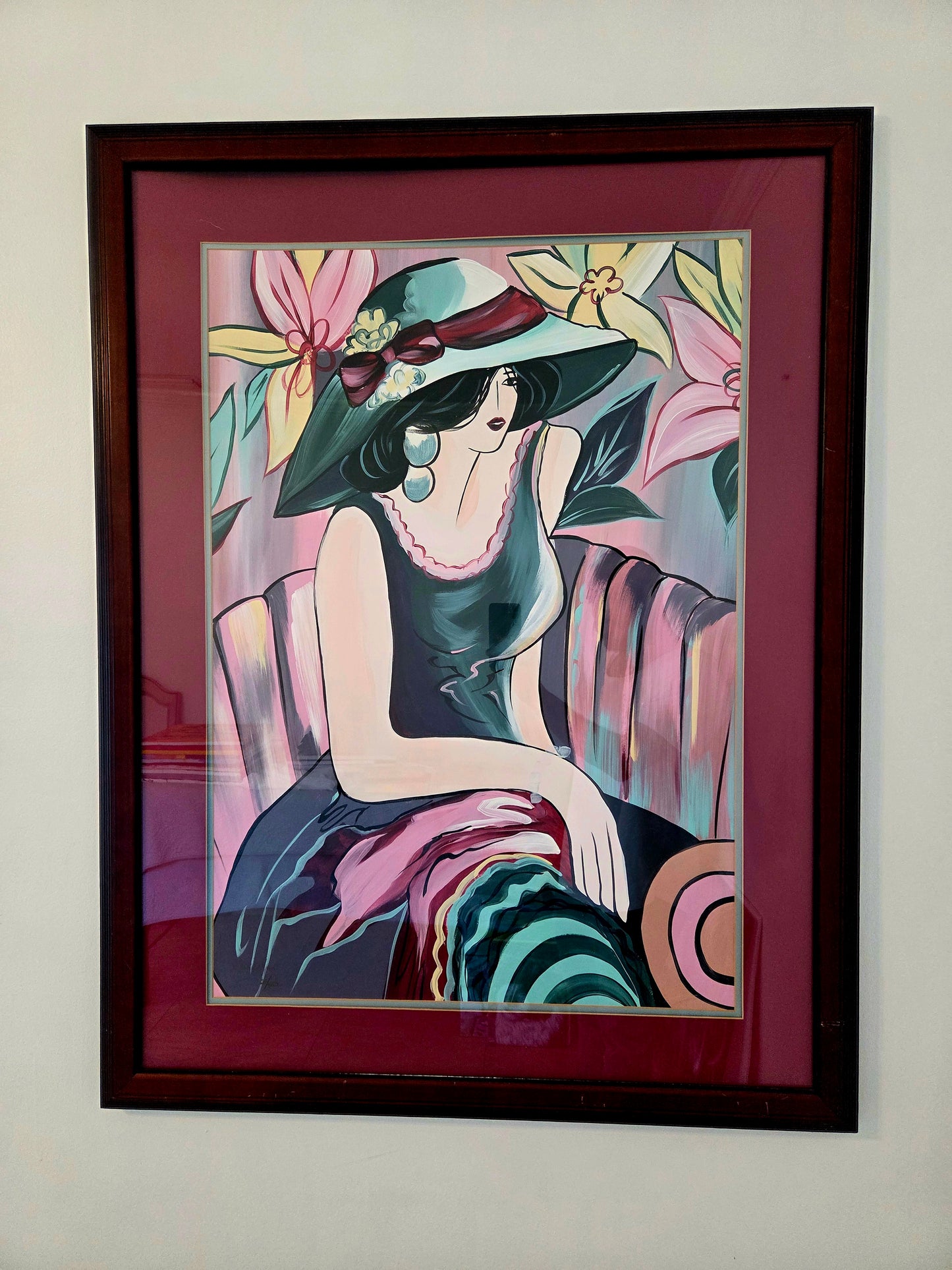 Original Acrylic Painting Elegant Woman in Floral Hat Portrait Fashion Wall Art
