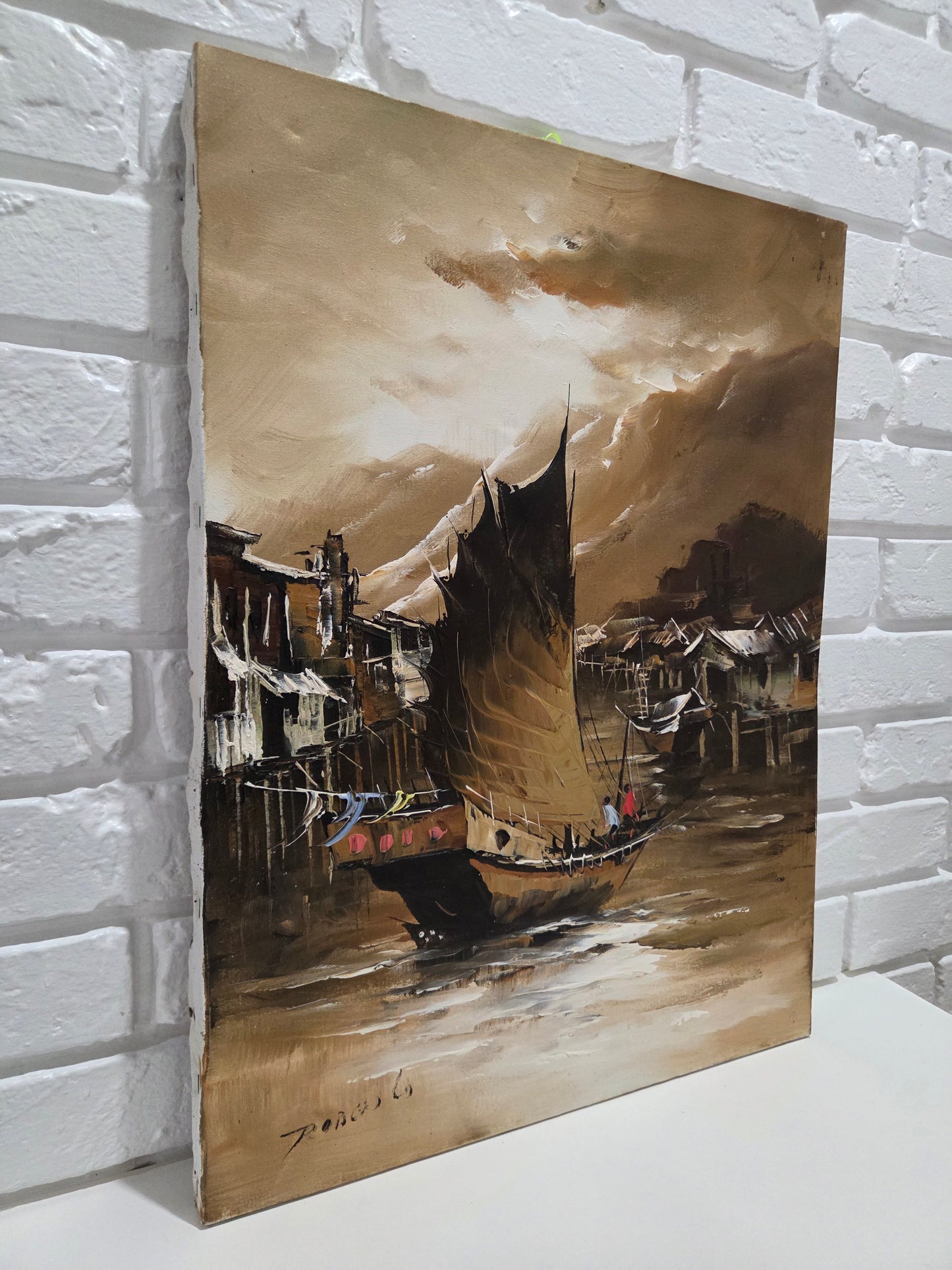 Asian Sailing Fishing Boat Ship Harbor Original Painting Canvas Signed Art Decor