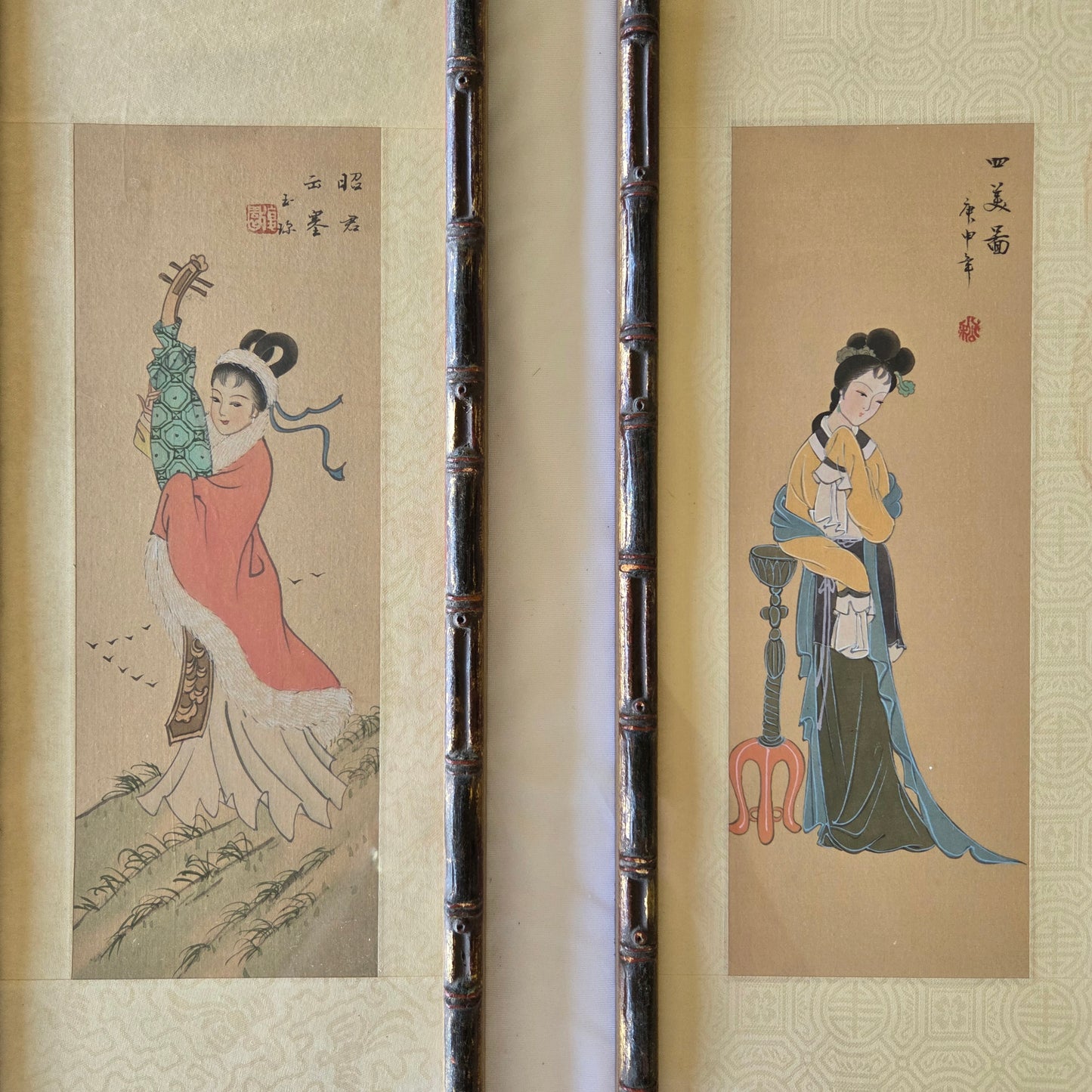 Japanese Art Geisha Girl Color Painting On Silk Signed Original Oriental Tapestry