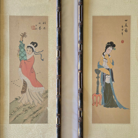 Japanese Art Geisha Girl Color Painting On Silk Signed Original Oriental Tapestry
