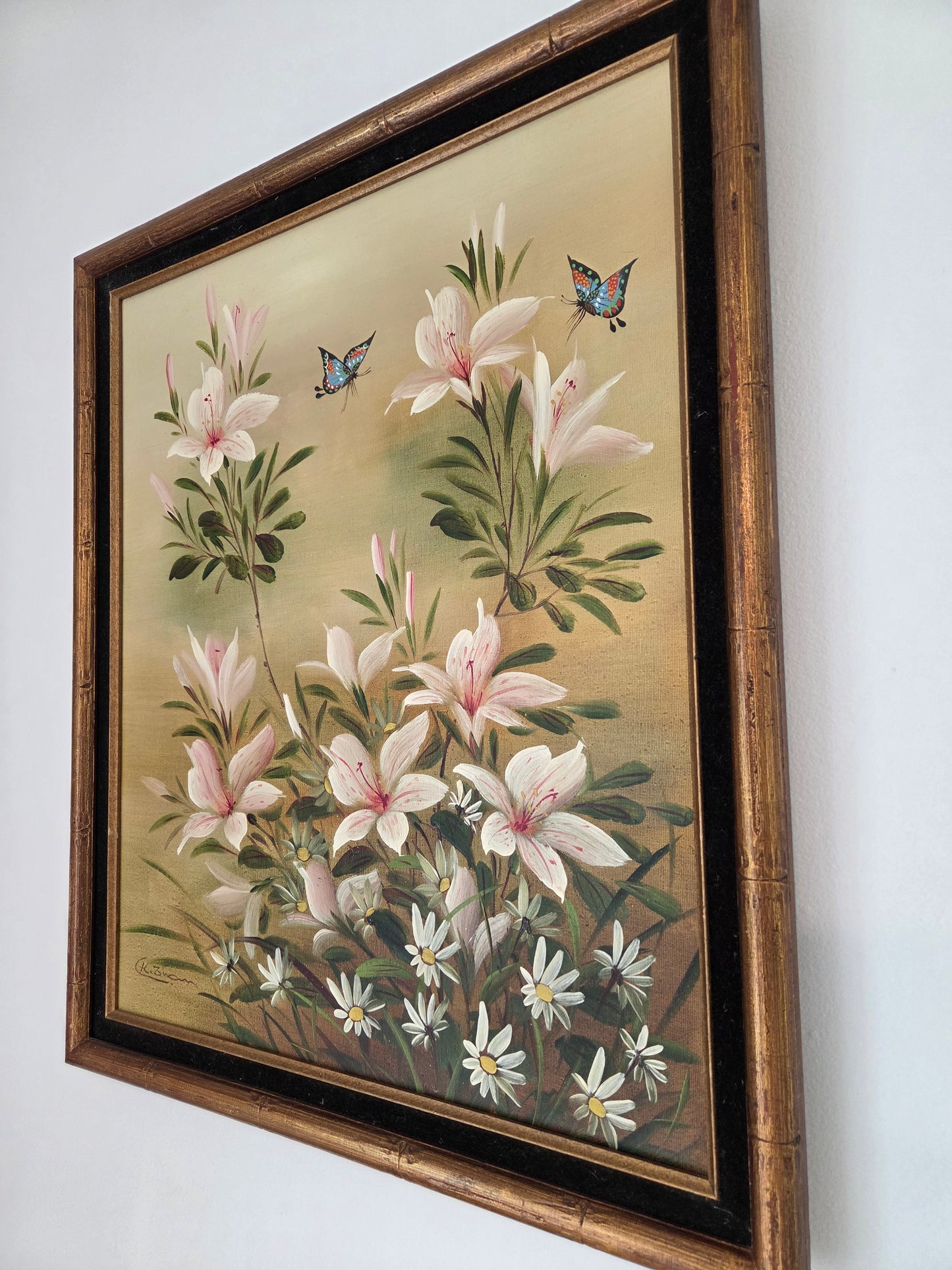 Original Framed Floral Oil Painting: Pink Lilies, Daisies, Butterflies Art Decor