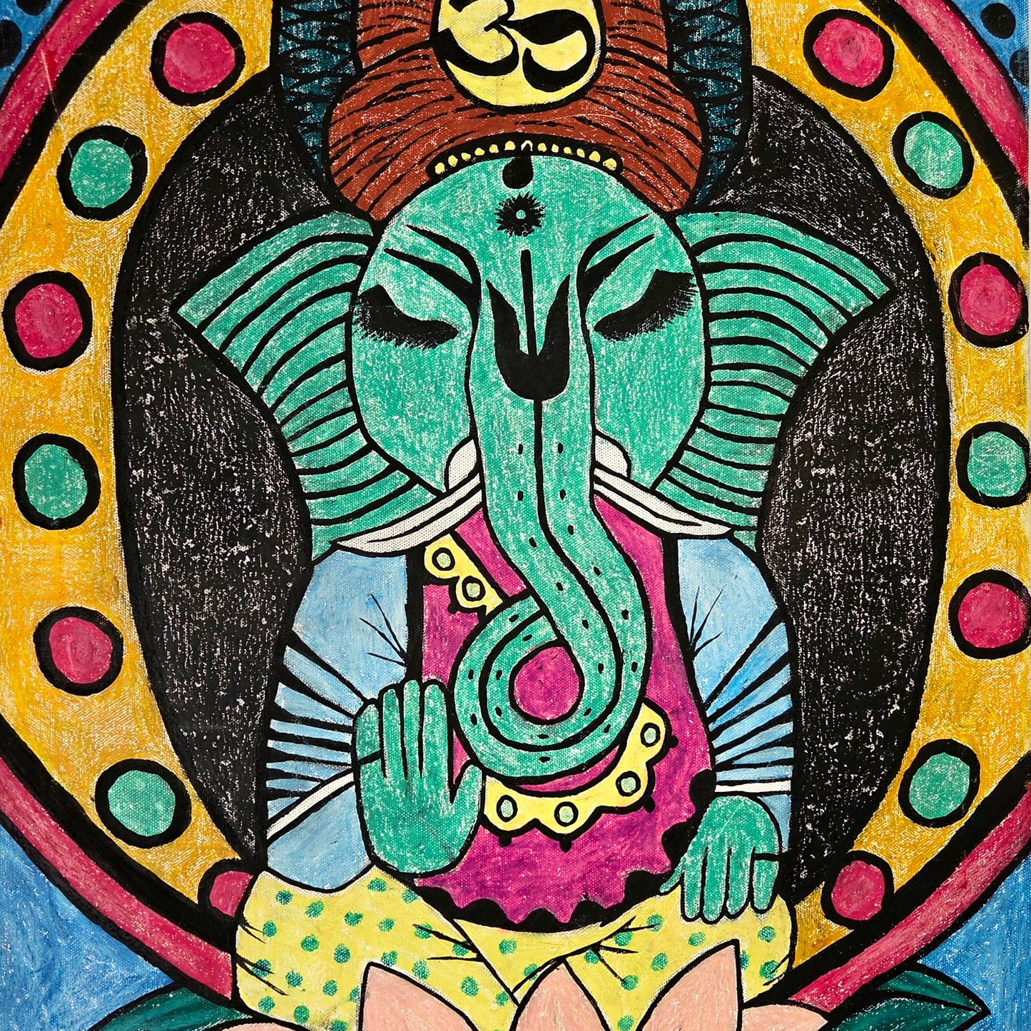 Original Ganesha Painting Hindu Spiritual Elephant God Lotus Meditation Wall Art