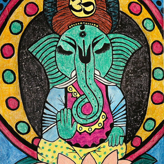 Original Ganesha Painting Hindu Spiritual Elephant God Lotus Meditation Wall Art