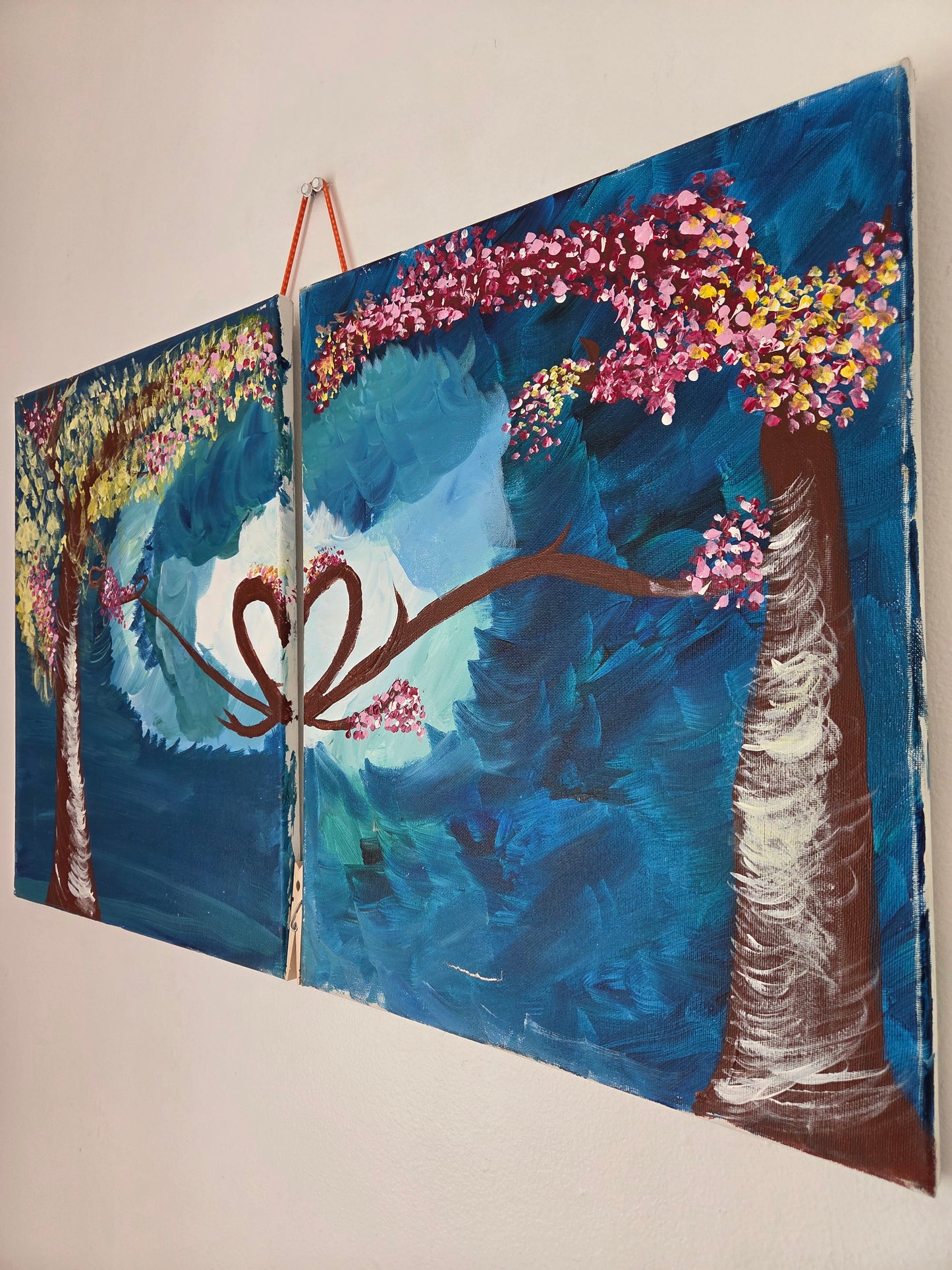 Original Diptych Tree Painting Heart Branches Romantic Cherry Blossom Canvas Art