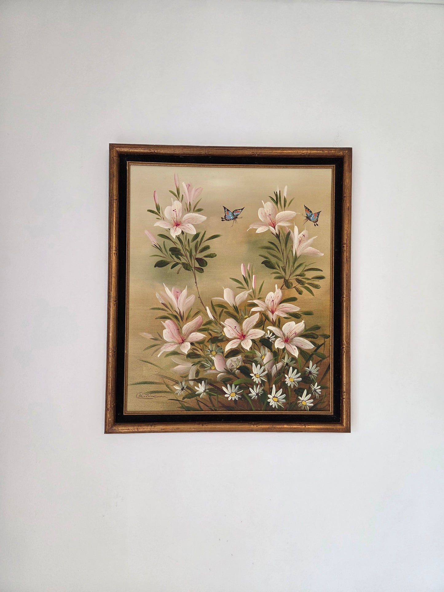 Original Framed Floral Oil Painting: Pink Lilies, Daisies, Butterflies Art Decor
