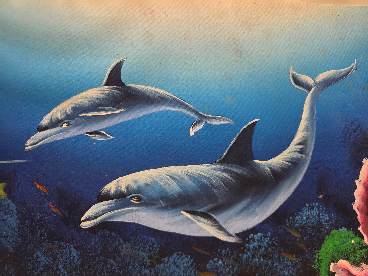 Dolphin Fish Coral Reef Painting Canvas Ocean Sea Marine Life Art Original Signd