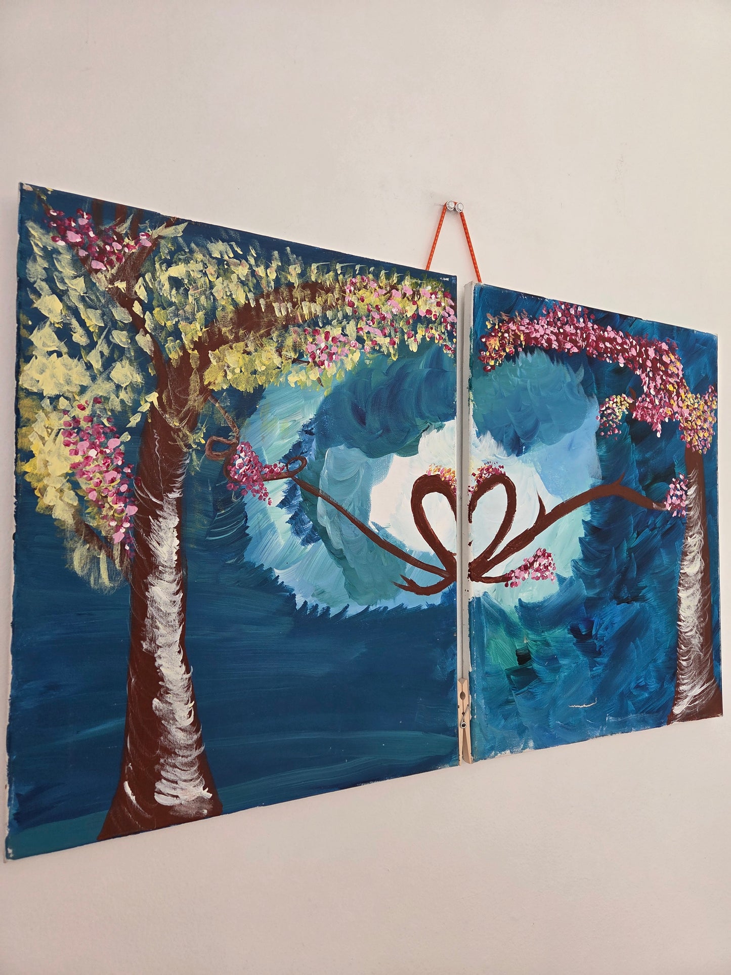 Original Diptych Tree Painting Heart Branches Romantic Cherry Blossom Canvas Art