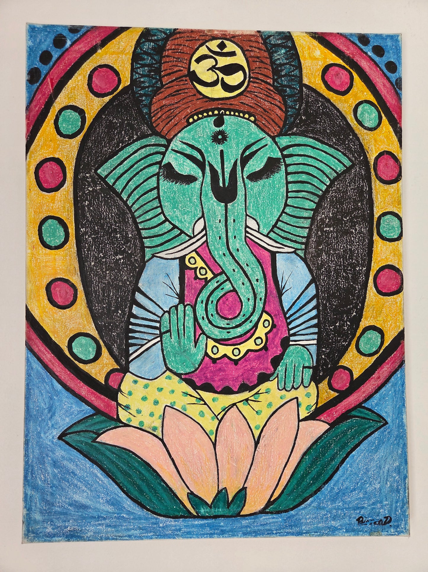Original Ganesha Painting Hindu Spiritual Elephant God Lotus Meditation Wall Art