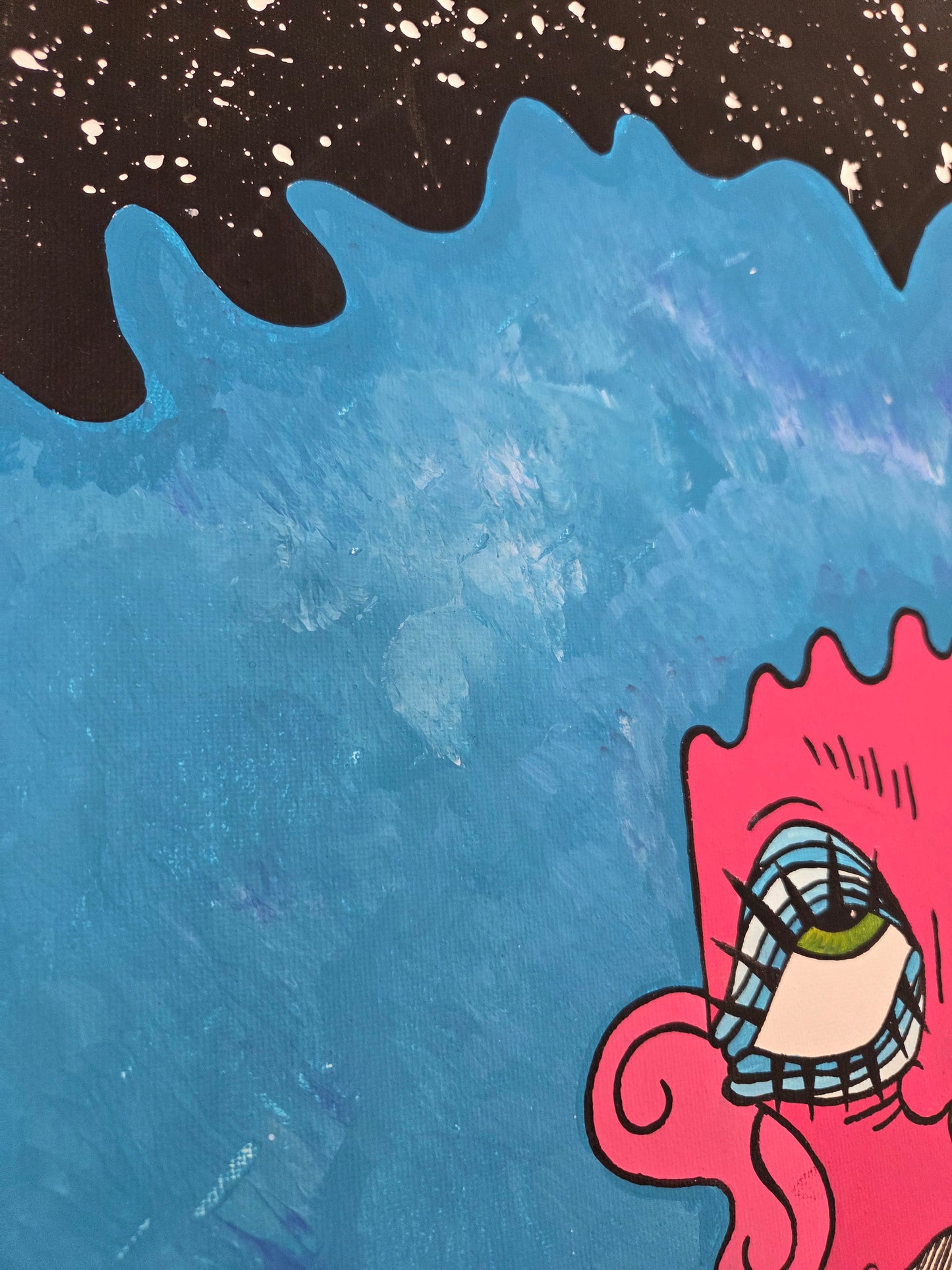 Original Hand-painted Vibrant Pop Art Blue Hair Pink Face girl on canvas Artwork