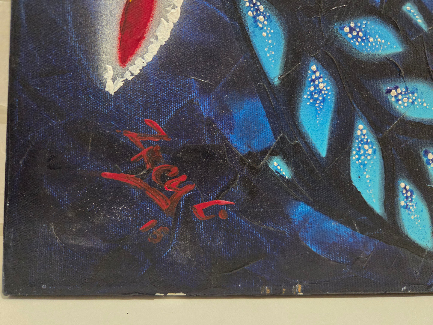 Original Painting Abstract Fish Blue Marine Ocean Mid Century Modern Art Signed