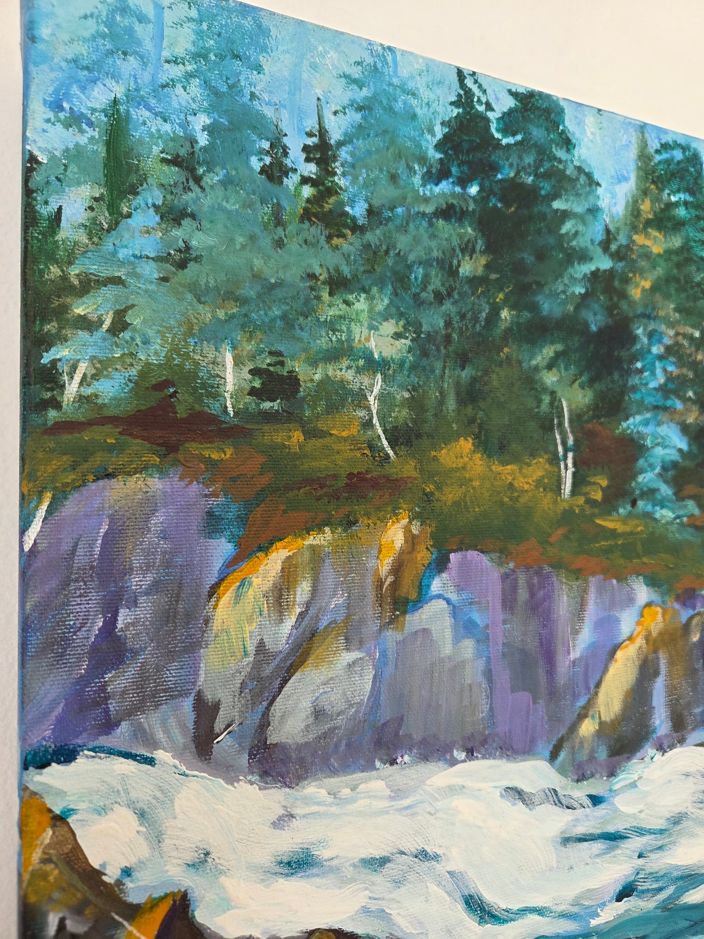Original River Landscape Painting – Forest Waterfall Kayak Scene – Nature Acrylic Canvas Wall Art