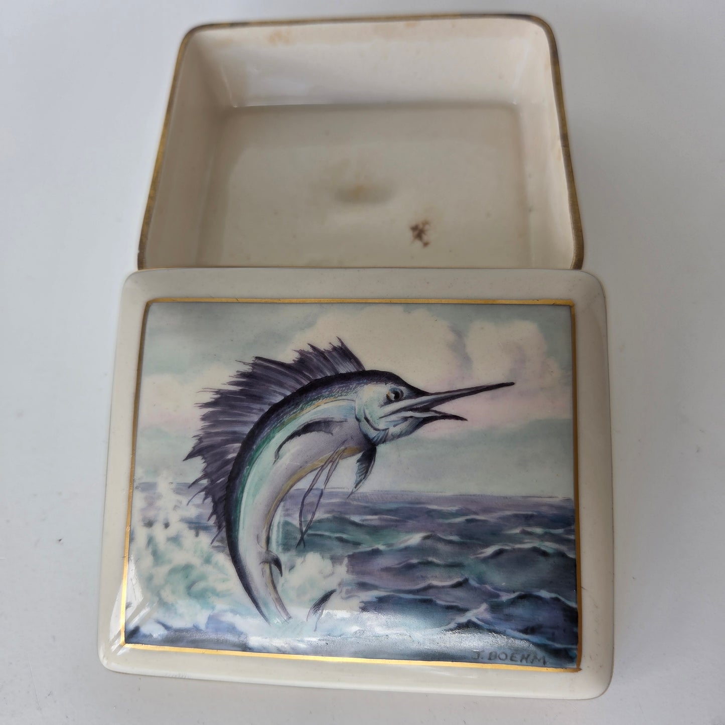 J.Boehm Porcelin Trinket Box Swordfish Sailfish Marlin Ocean Gold Trim Ceramic
